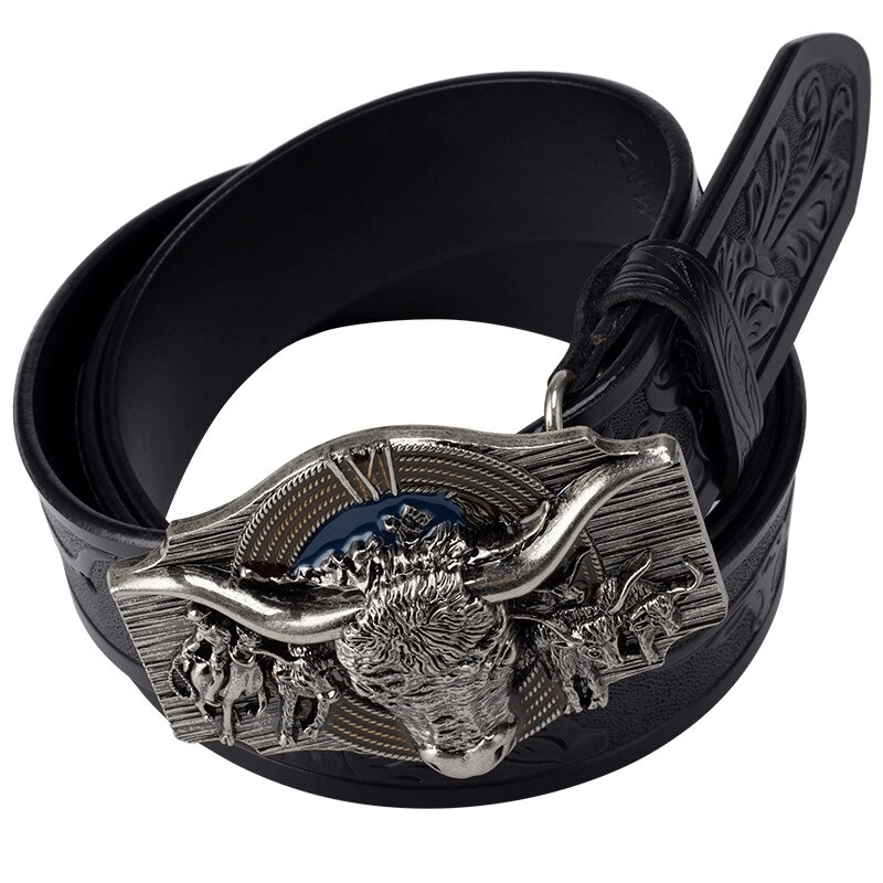 Men's Vintage Cow Pattern Belt With Buckle / Cool Bull Head Buckle / Men's Genuine Leather Belt