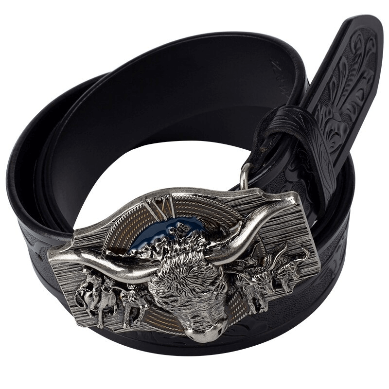 Men's vintage cow pattern leather belt with a bull head buckle, perfect for adding flair to any outfit.