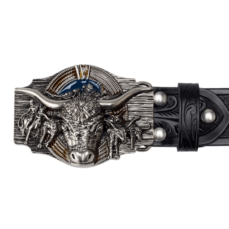 Men's vintage leather belt featuring a cool bull head buckle, perfect for adding style to any outfit.