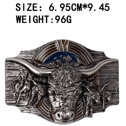 Close-up of a vintage bull head belt buckle, measuring 6.95 cm x 9.45 cm, showcasing intricate detailing and cowboy themes.