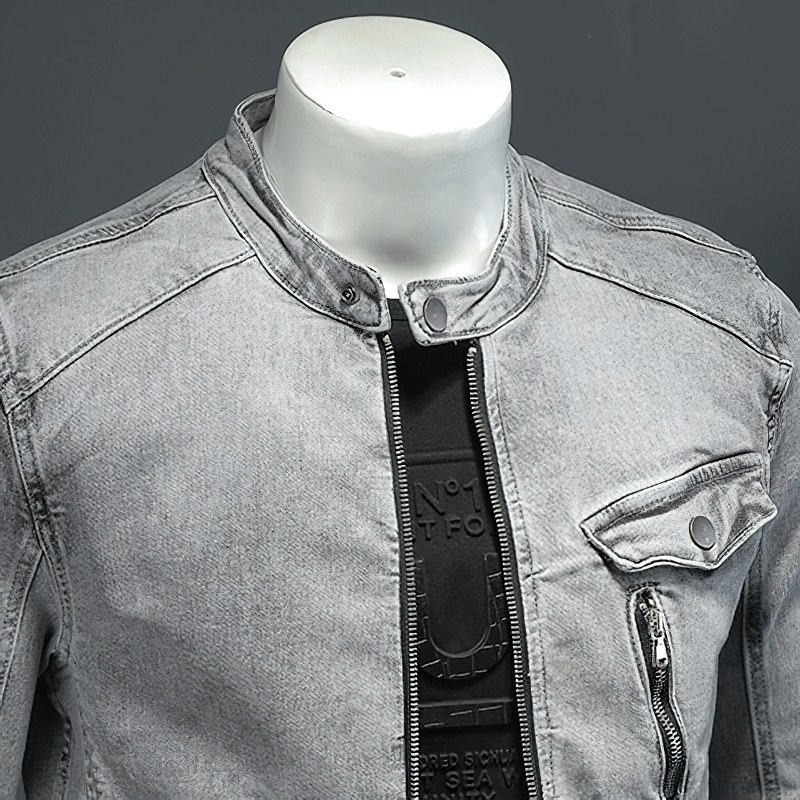 Men's Vintage Gray Jacket / Denim Jacket with Stand Collar / Cool Streetwear for Men