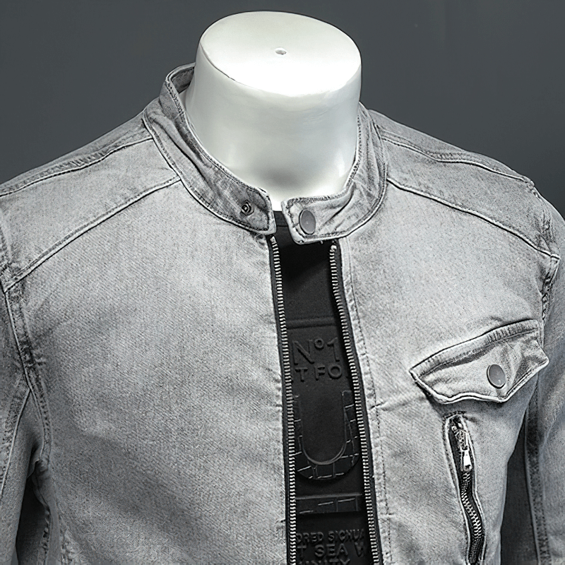Men's vintage gray denim jacket with stand collar, perfect for stylish casual looks and streetwear.