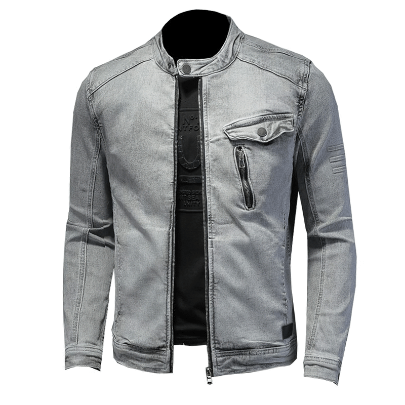 Men's vintage gray denim jacket with stand collar, perfect for trendy streetwear style.