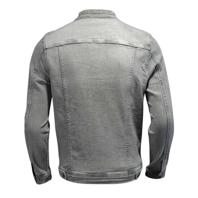 Men's vintage gray denim jacket, back view, stylish casual wear for cool street style.