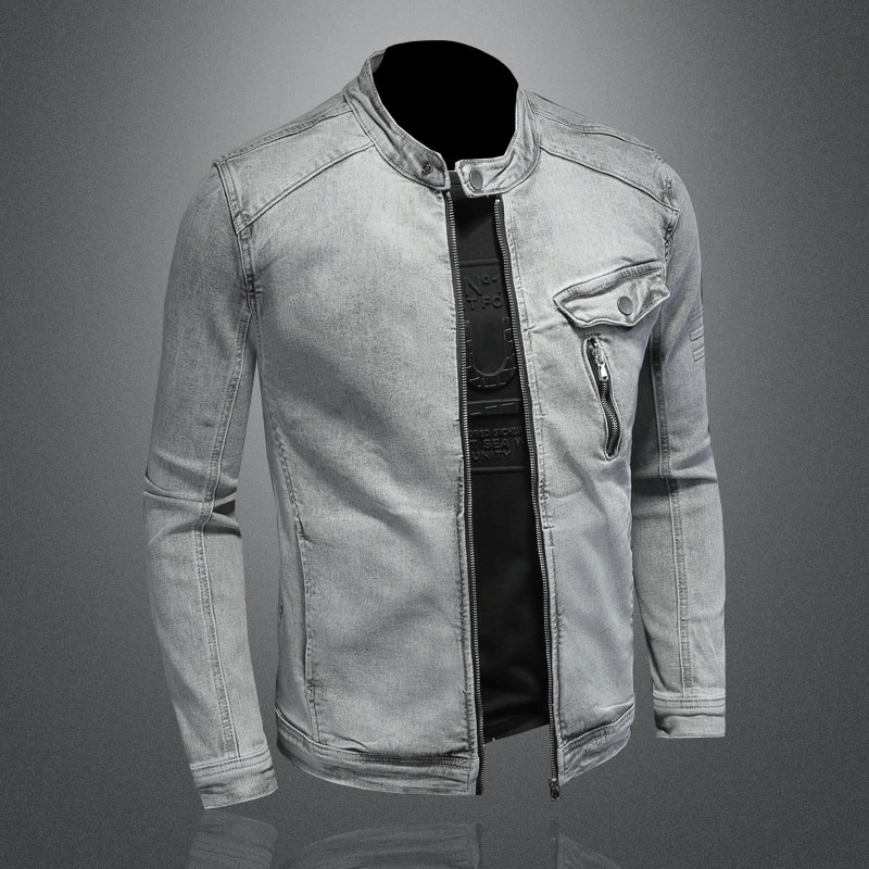 Men's Vintage Gray Jacket / Denim Jacket with Stand Collar / Cool Streetwear for Men