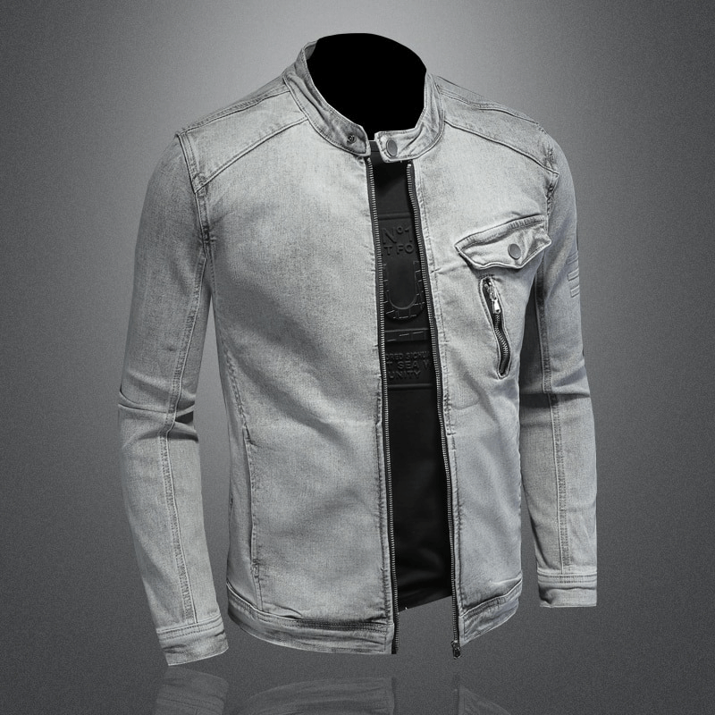 Men's vintage gray denim jacket with stand collar, perfect for cool streetwear and casual style.