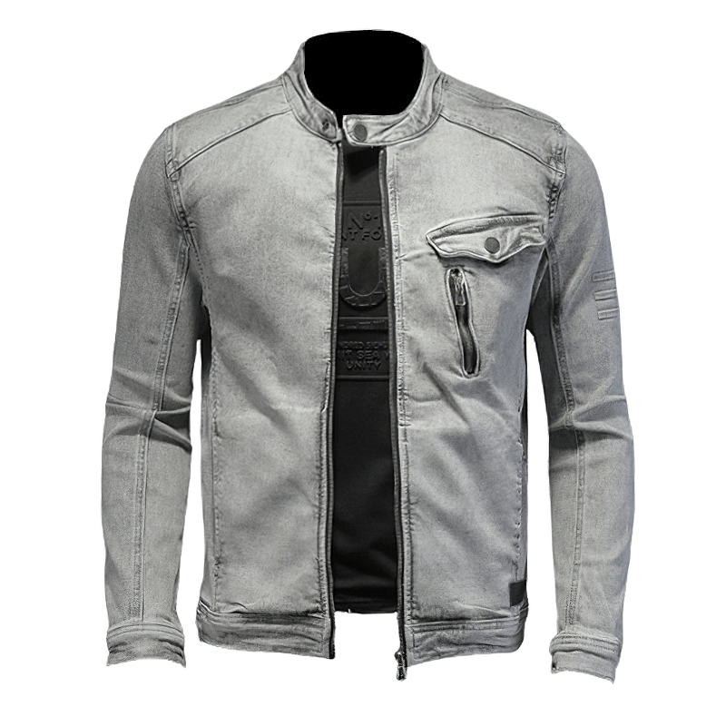 Men's vintage gray denim jacket with stand collar, perfect for cool streetwear and casual style.
