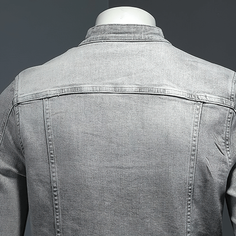 Men's vintage gray denim jacket back view, featuring a stylish stand collar and quality fabric ideal for casual streetwear.