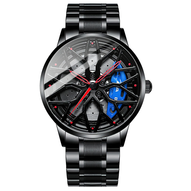 Men's stylish watch with supercar wheel design, black stainless steel, and glass, perfect casual accessory.