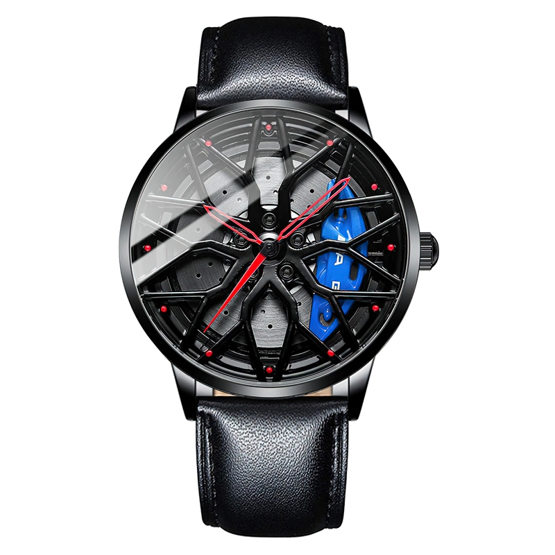 Men's stylish watch featuring supercar wheel design, stainless steel, and sleek leather strap, perfect casual accessory.