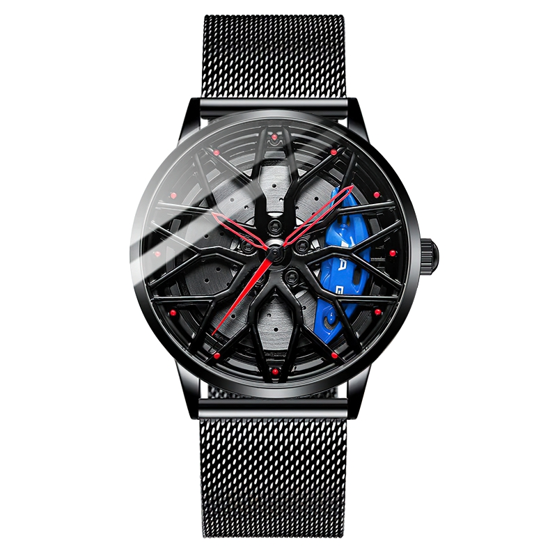 Men's stylish watch with supercar wheel design, stainless steel strap, and intricate details, perfect for casual wear.