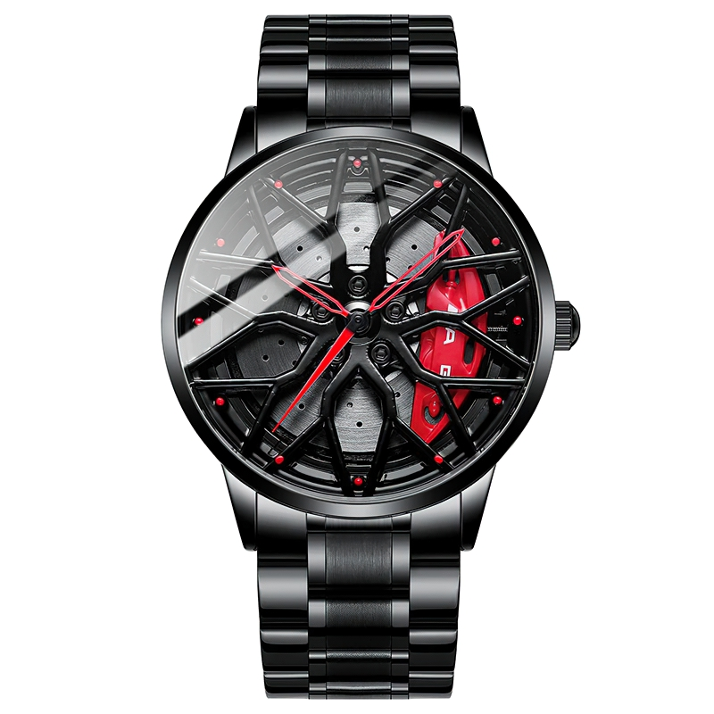 Men's stylish watch featuring supercar wheel design, black stainless steel with sleek red accents, trendy and waterproof.