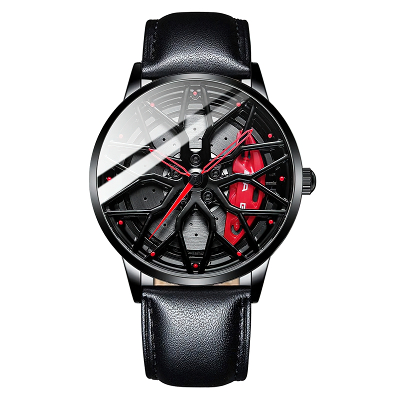 Men's stylish watch featuring supercar wheel design, black leather strap, and striking red accents for a sporty look.