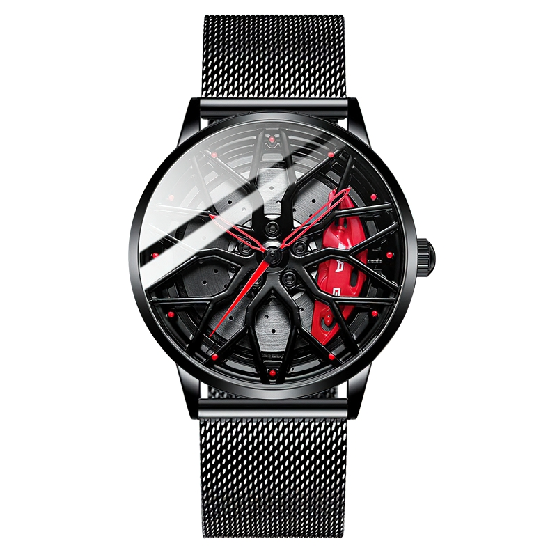 Men's stylish watch featuring a supercar wheel design with black mesh strap, elegant and waterproof accessory.