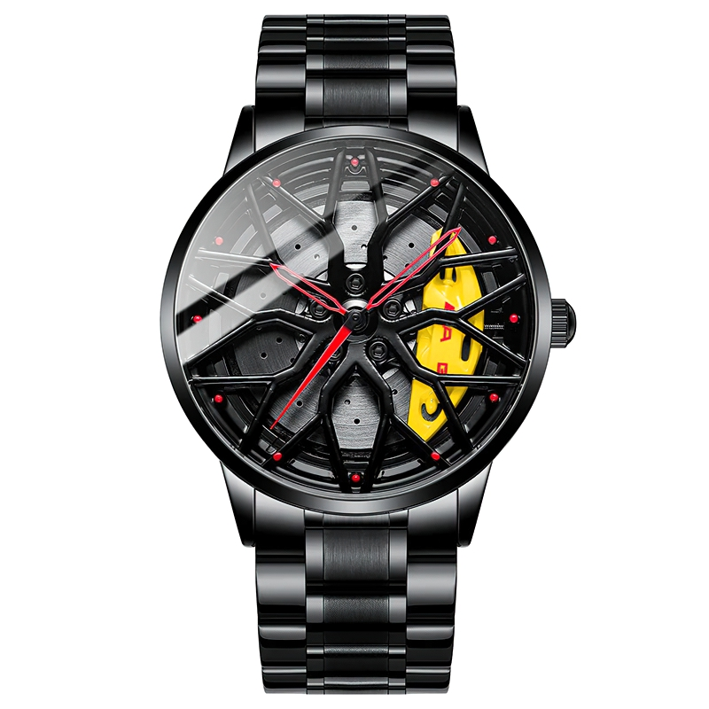 Men's stylish watch featuring supercar wheel design, stainless steel, and waterproof glass for a trendy look.
