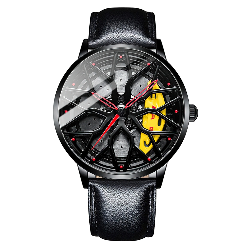 Men's stylish watch with supercar wheel design, black leather strap, and stainless steel features.
