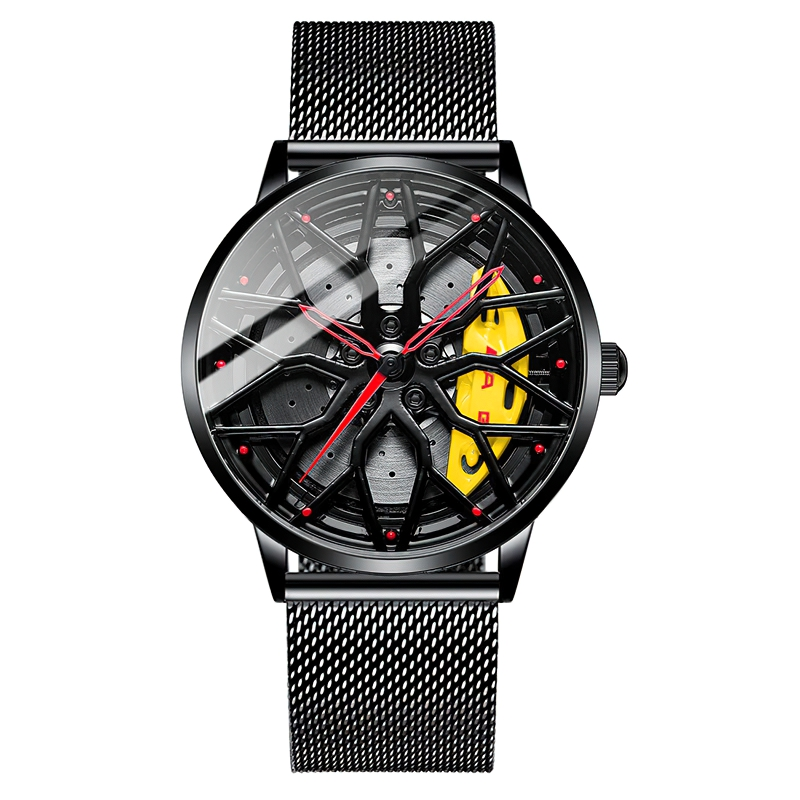 Men's stainless steel watch featuring stylish supercar wheel design and durable mesh strap, perfect for casual wear.