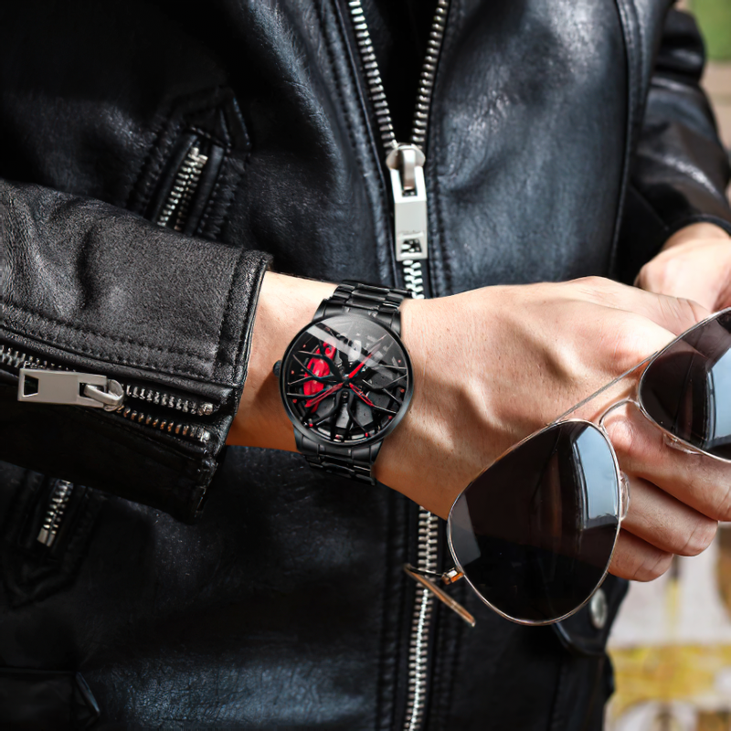 Men's stylish watch featuring a supercar wheel design, worn with a leather jacket and sunglasses.