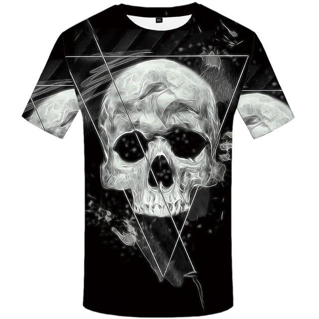 Black and white 3D skull t-shirt featuring a striking triangular graphic design for punk rock streetwear style.