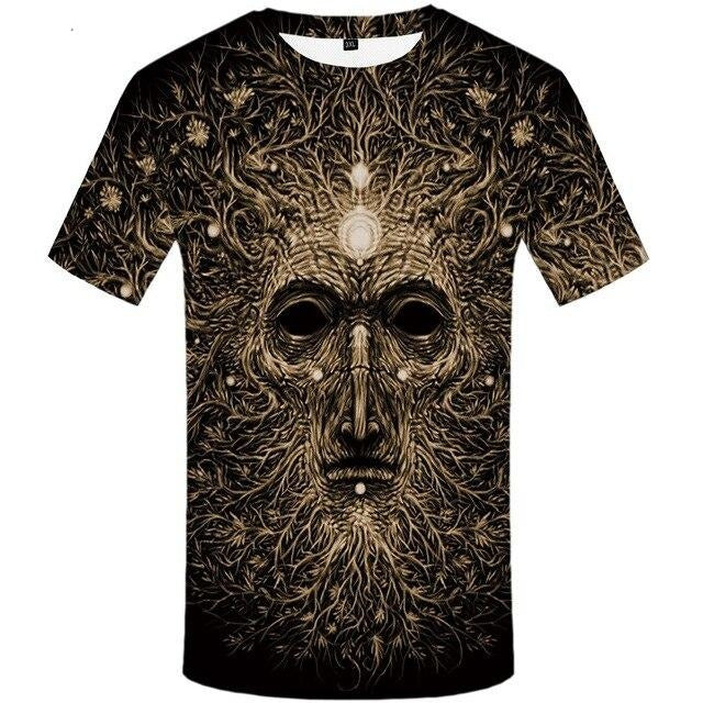 3D printed black and white men t-shirt featuring intricate tree face design, perfect for punk rock streetwear style.