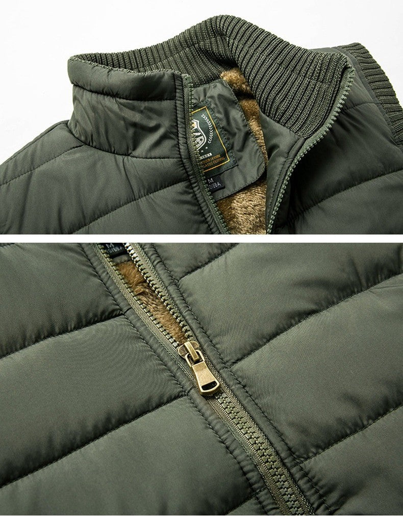 Close-up of warm men's fleece vest jacket in olive green, featuring zip closure and cozy lining, perfect for alternative fashion.