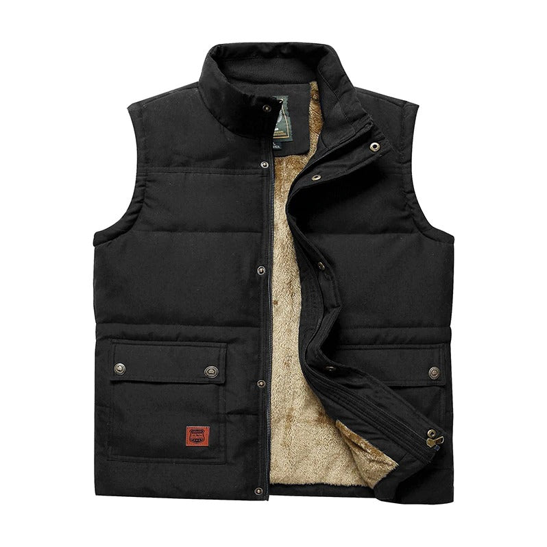 Warm black fleece-lined men's vest jacket in Gothic alternative fashion style