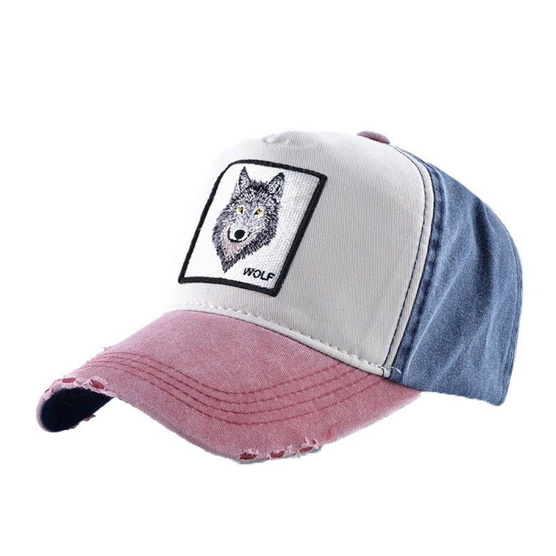Men & women baseball cap with wolf embroidery, multicolor snapback cotton hat, rock style washed denim.