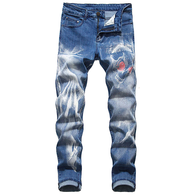 Men's 3D Printed Jeans / Blue&Black Denim Male Pants / Skull Devil's Print Streetwear - HARD'N'HEAVY