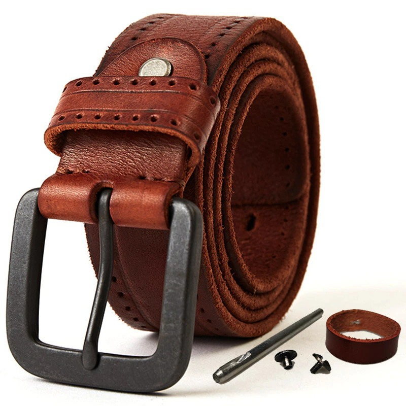 Men's genuine leather vintage belt with a stylish silver buckle, showcasing quality craftsmanship and retro design.