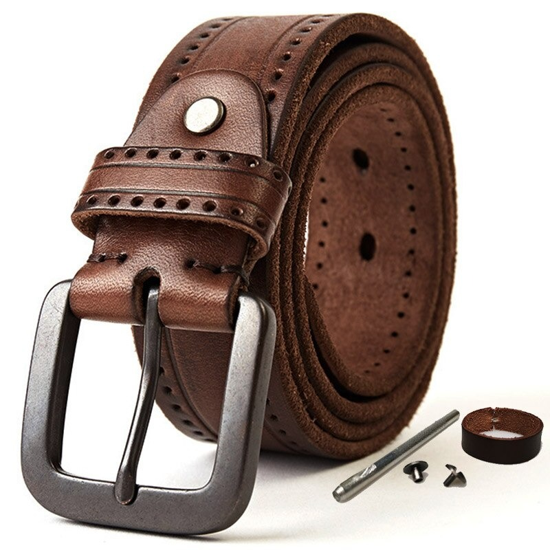 Men's genuine leather belt with brown vintage design and silver buckle, stylish accessory with retro charm.
