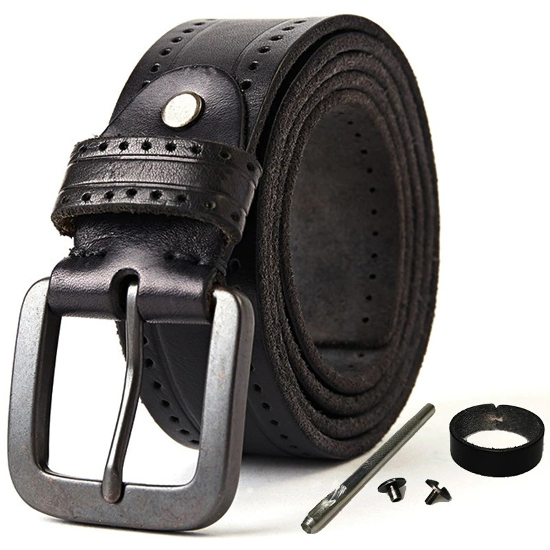 Men's vintage style genuine leather belt with a silver buckle and adjustable design, perfect for enhancing any outfit.