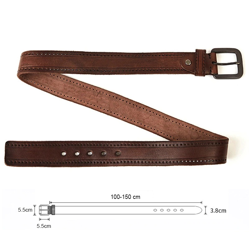 Men's vintage genuine leather belt with silver buckle, displaying size and design features for stylish outfits.
