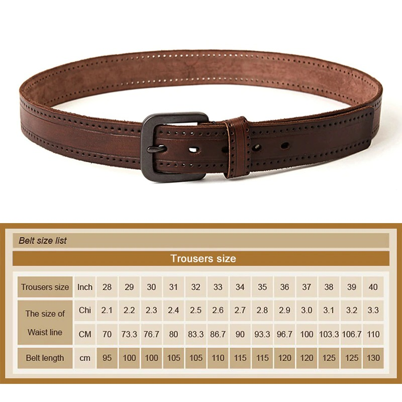 Men's vintage brown genuine leather belt with a black buckle and size chart for trousers and waist measurements.