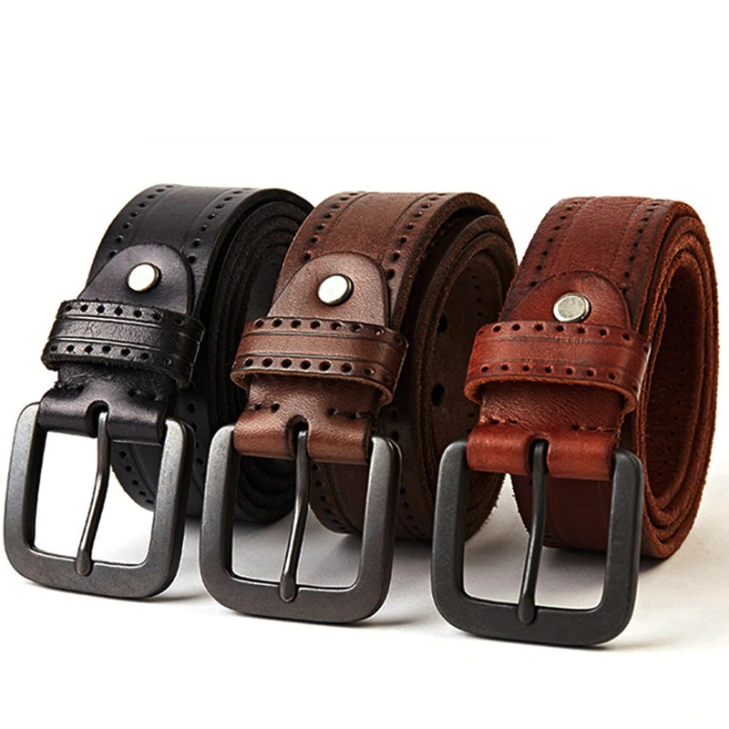 Men's aesthetic genuine leather belts in black, brown, and tan with stylish buckles.