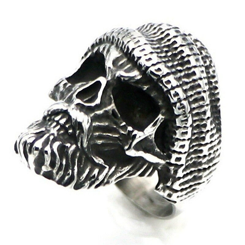 Men's skull ring with beanie hat, unique alternative jewelry for cool outfits, size 7-14, made of shiny zinc alloy.