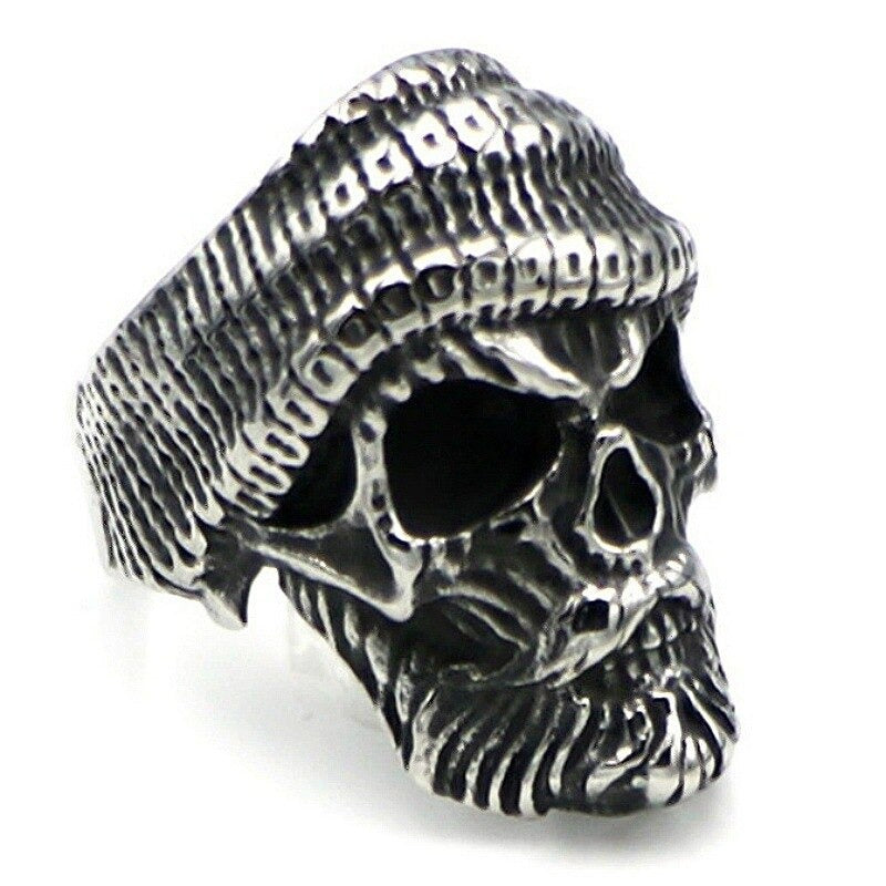 Men's bearded skull ring with a hat, alternative jewelry perfect for concerts and edgy outfits.