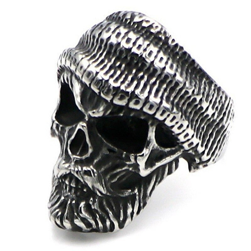 Men's bearded skull ring with hat, perfect alternative jewelry for a cool concert look.