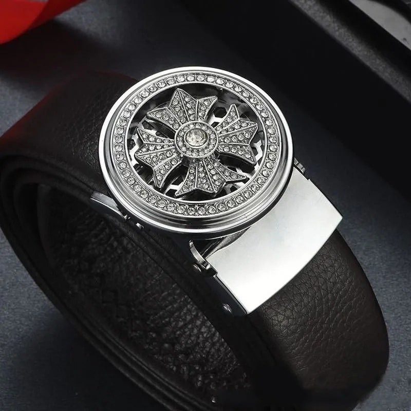 Men's elegant belt with automatic silver buckle, featuring a decorative design and quality black leather.