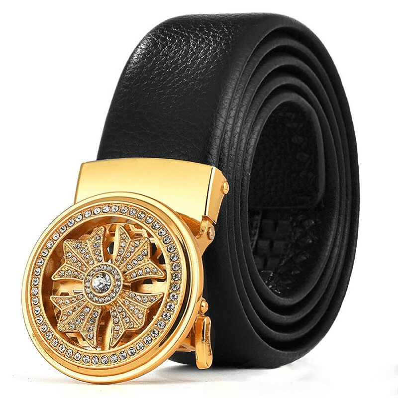 Men's black genuine leather belt with a gold automatic buckle decorated with rhinestones.