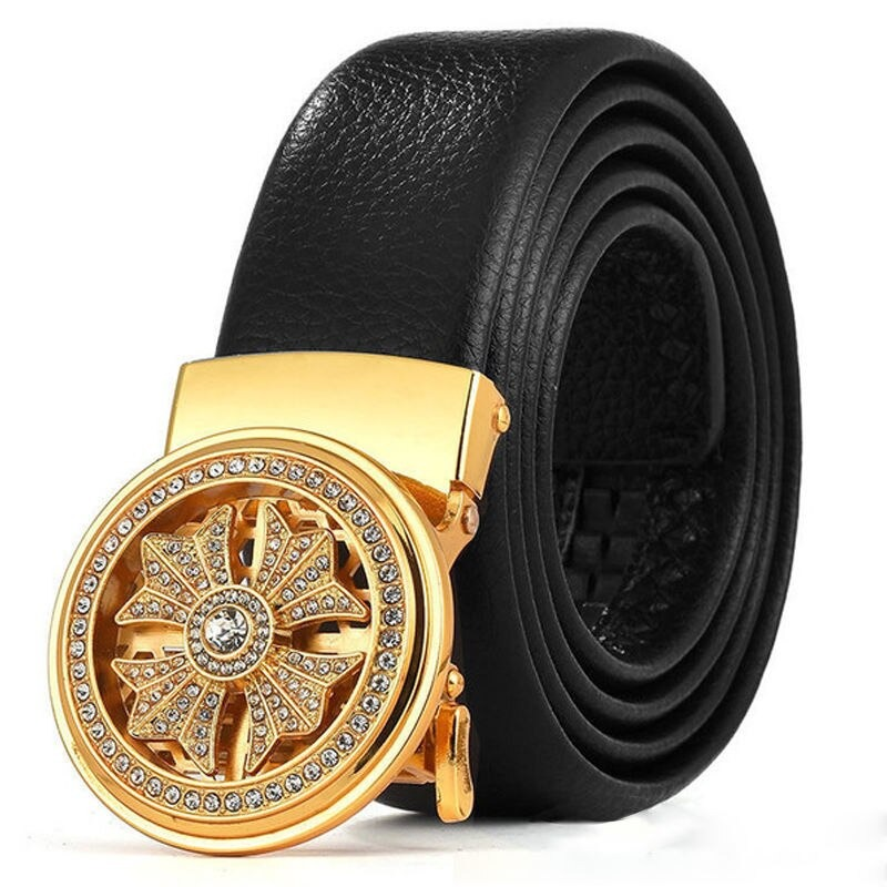 Men's vintage black leather belt with automatic gold buckle, adorned with sparkling rhinestones for a stylish finish.