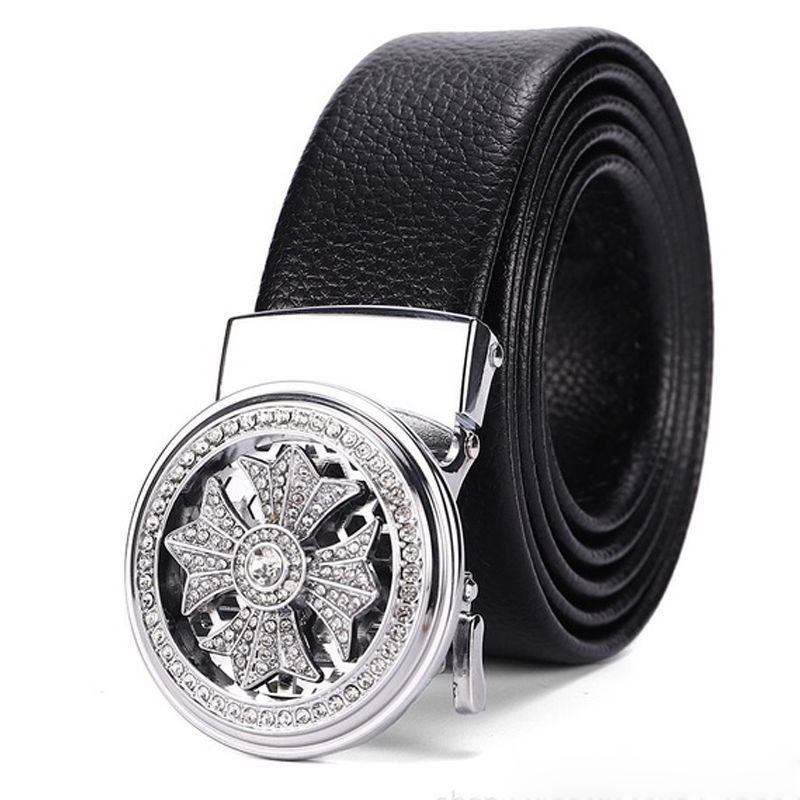 Elegant men's black leather belt with automatic buckle featuring a stylish silver design and rhinestones.