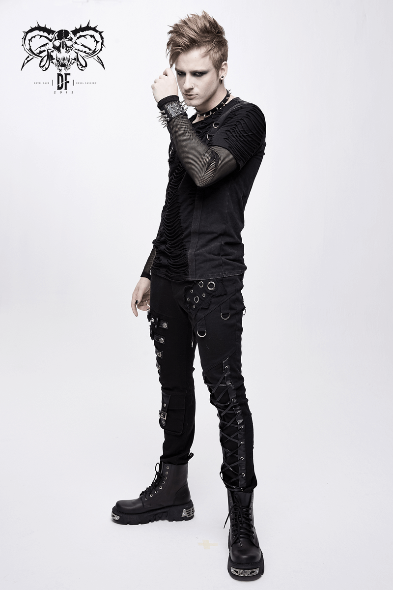 Men's Black & Asymmetric Pants with Lacing / Punk Gothic Jeans with Buckles and Studs - HARD'N'HEAVY