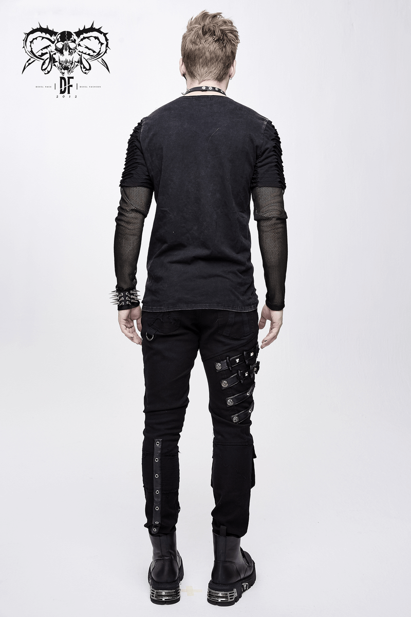 Men's black punk gothic pants with lacing and studs, showcasing a stylish back view in fashionable outfit.