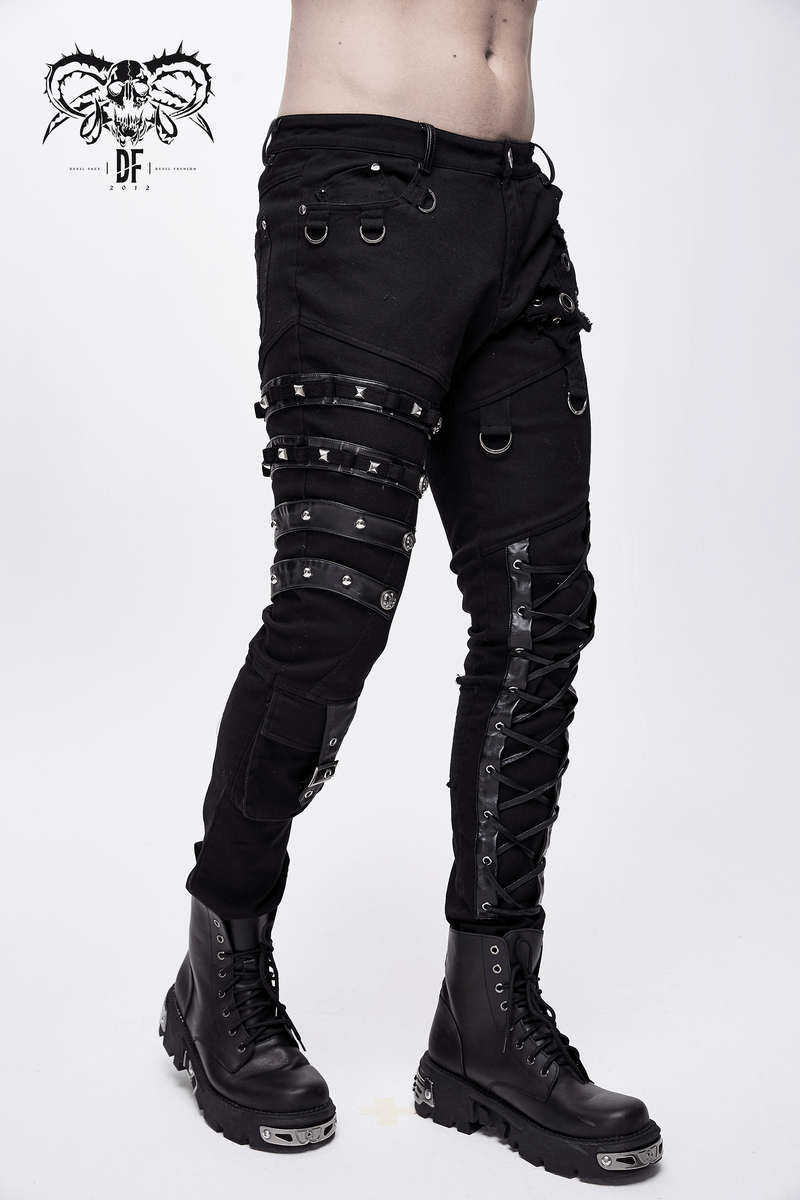 Men's black punk gothic pants featuring lacing, studs, and buckles, paired with stylish combat boots.