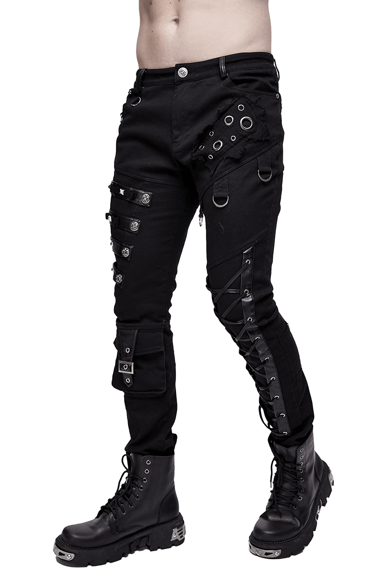 Men's Black & Asymmetric Pants with Lacing / Punk Gothic Jeans with Buckles and Studs - HARD'N'HEAVY