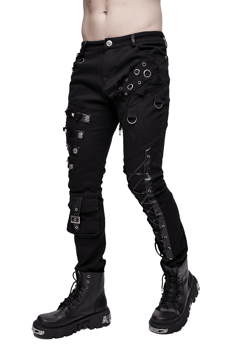 Men's black punk jeans with lacing, silver rivets, and buckles, perfect for a stylish gothic look.