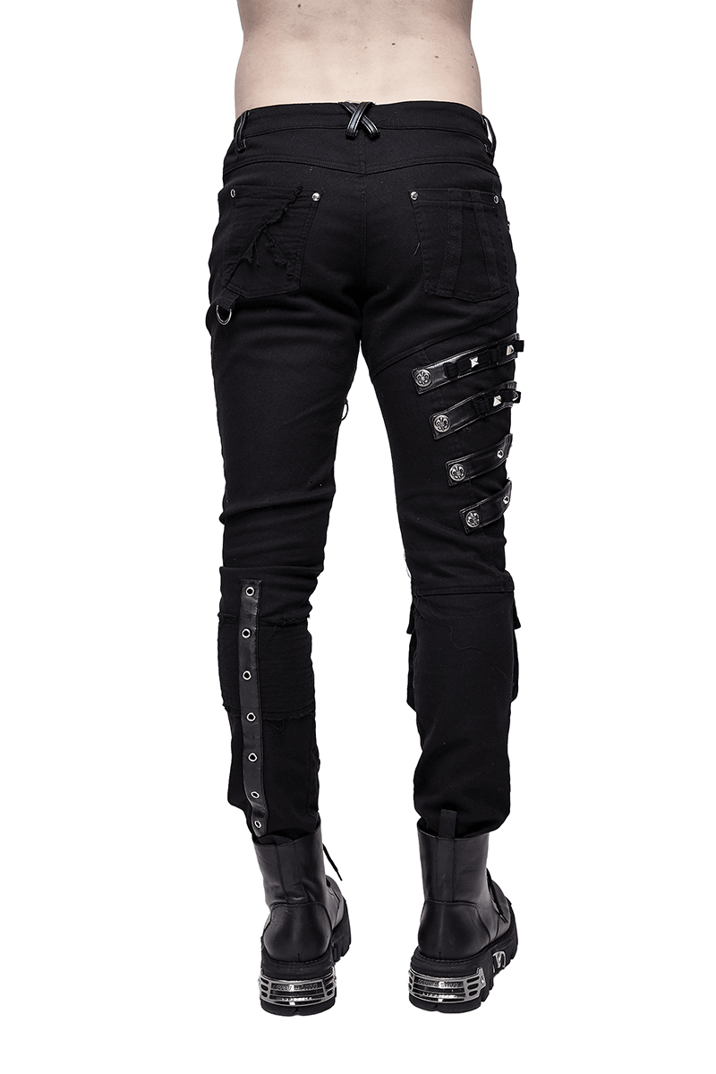 Men's Black & Asymmetric Pants with Lacing / Punk Gothic Jeans with Buckles and Studs - HARD'N'HEAVY