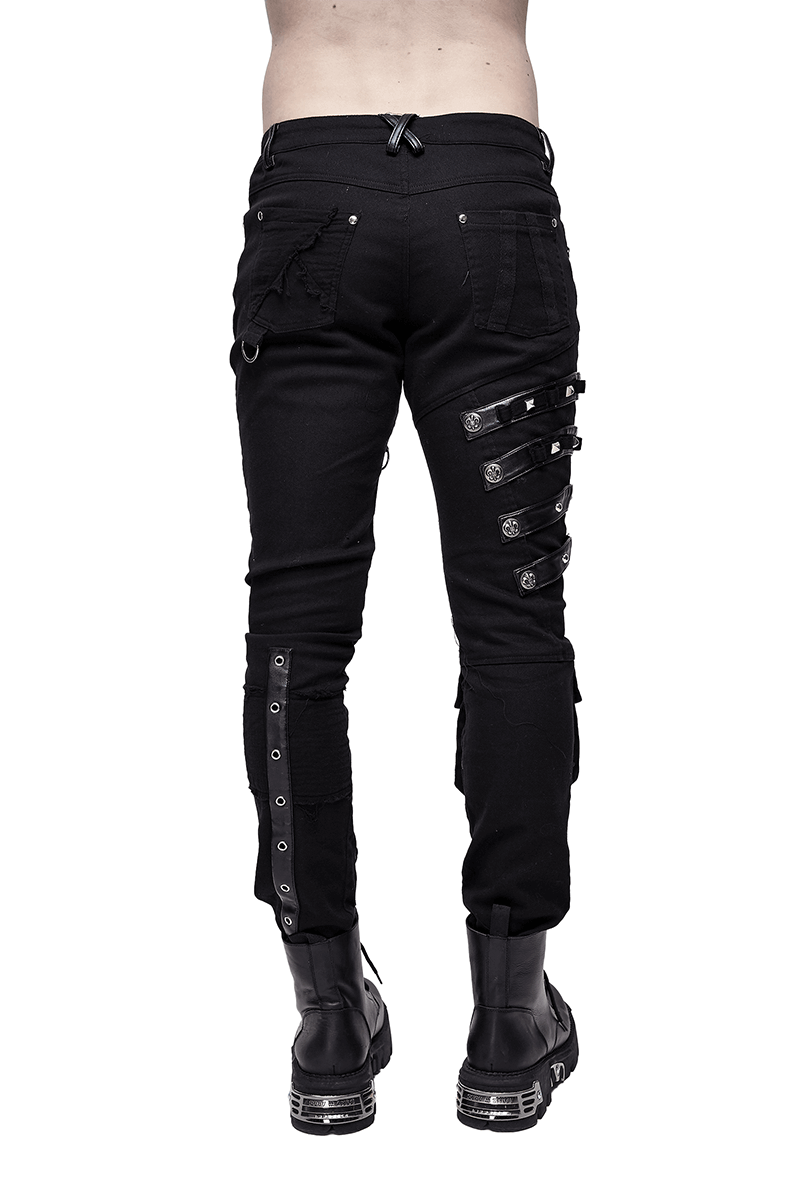 Men's black punk jeans with lacing and buckles, stylishly designed for comfort and edgy fashion.