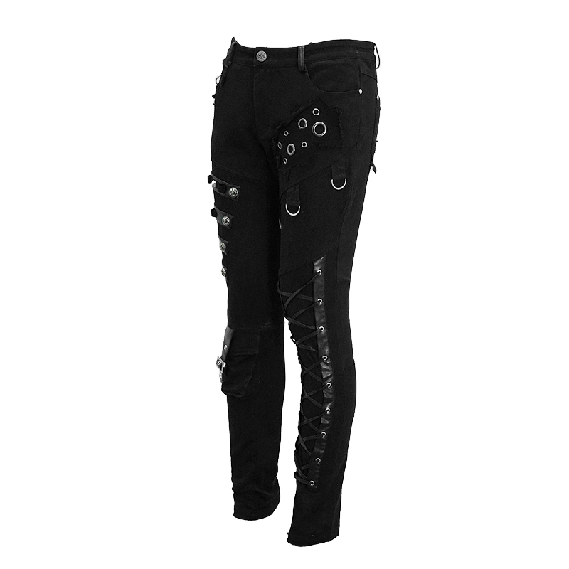 Men's black asymmetric pants with lacing, buckles, and studs for a stylish punk Gothic look.