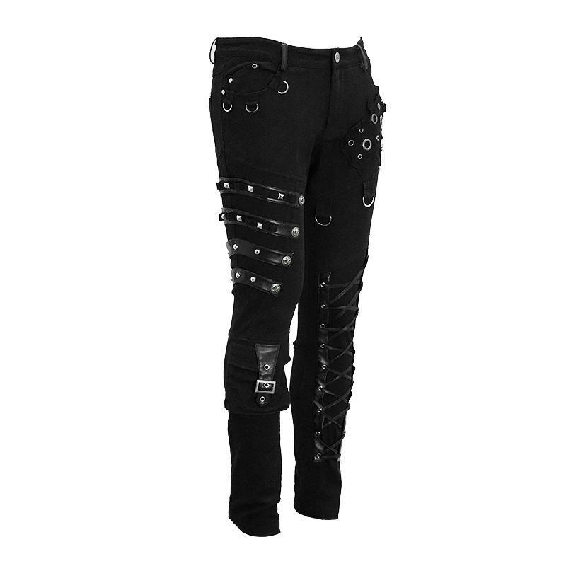 Men's Black & Asymmetric Pants with Lacing / Punk Gothic Jeans with Buckles and Studs - HARD'N'HEAVY